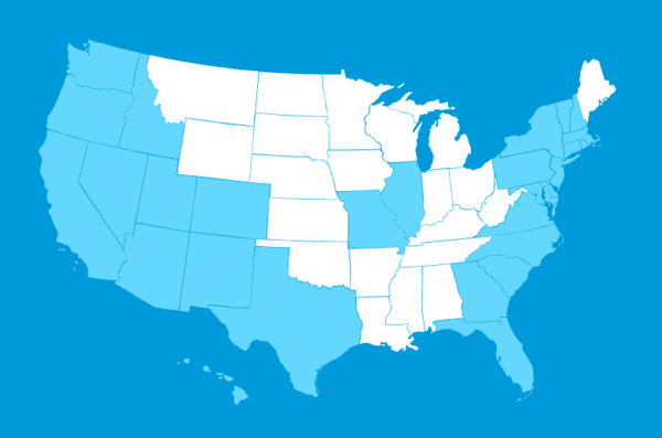 Map of the United States with blue states outlined to represent LGCY Power service areas