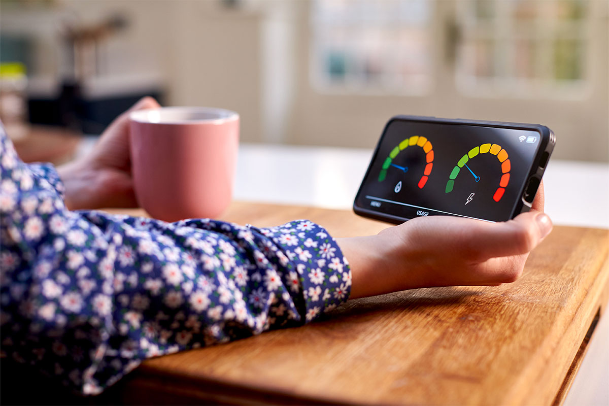 Women reviewing her net metering results on her smart phone app