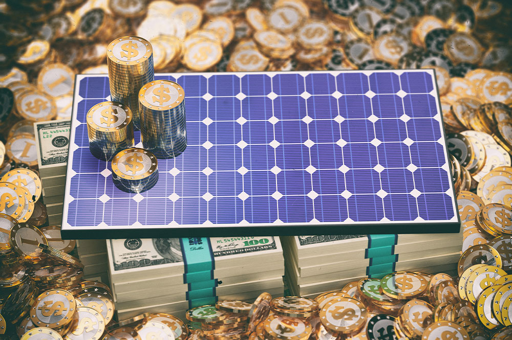 Solar panel graphic on top of a pile of gold and money