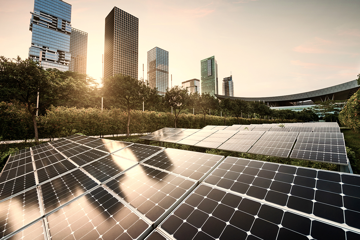 Solar panel city in front of a row of tall commercial buildings